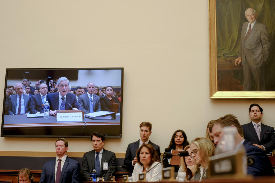 A television in the room broadcasts Mueller's testimony before the House Judiciary Committee. | Gabriella Demczuk for TIME