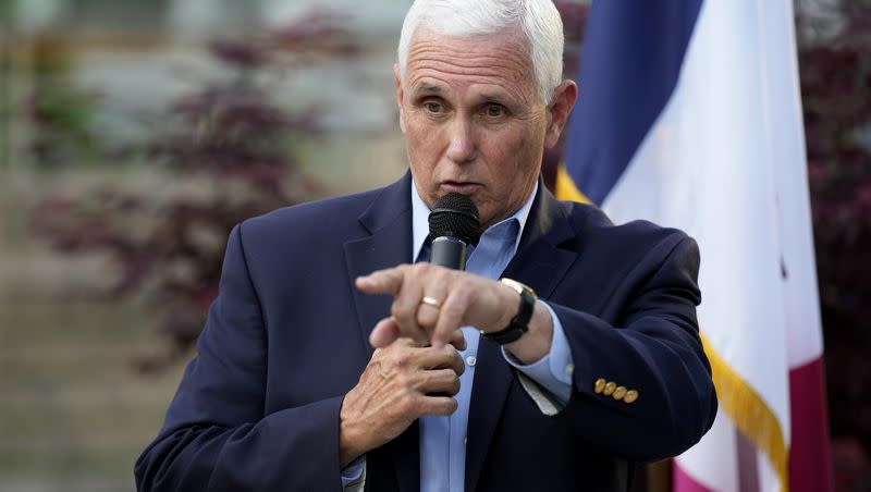 Former Vice President Mike Pence speaks to local residents during a meet and greet on Tuesday, May 23, 2023, in Des Moines, Iowa. Pence has joined the many voices speaking out against the L.A. Dodgers’ decision to honor the Sisters of Perpetual Indulgence, a controversial LGBTQ advocacy group, at a Pride Month event later this month.