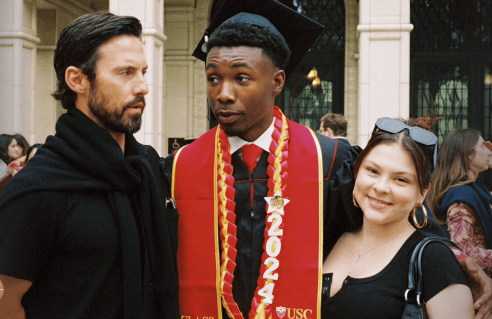Actors Milo Ventimiglia and Hannah Zeile celebrate Niles Fitch (center) on his graduation day.   (Instagram)