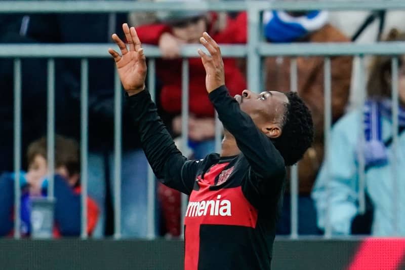 Leverkusen's Nathan Tella celebrates scoring his side's first goal during the German Bundesliga soccer match between SV Darmstadt 98 and Bayer Leverkusen at the Merck-Stadion am Boellenfalltor. Uwe Anspach/dpa