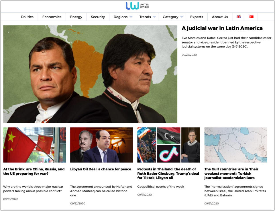 A screenshot of the homepage of United World International homepage, believed to be tied to individuals from the Internet Research Agency.