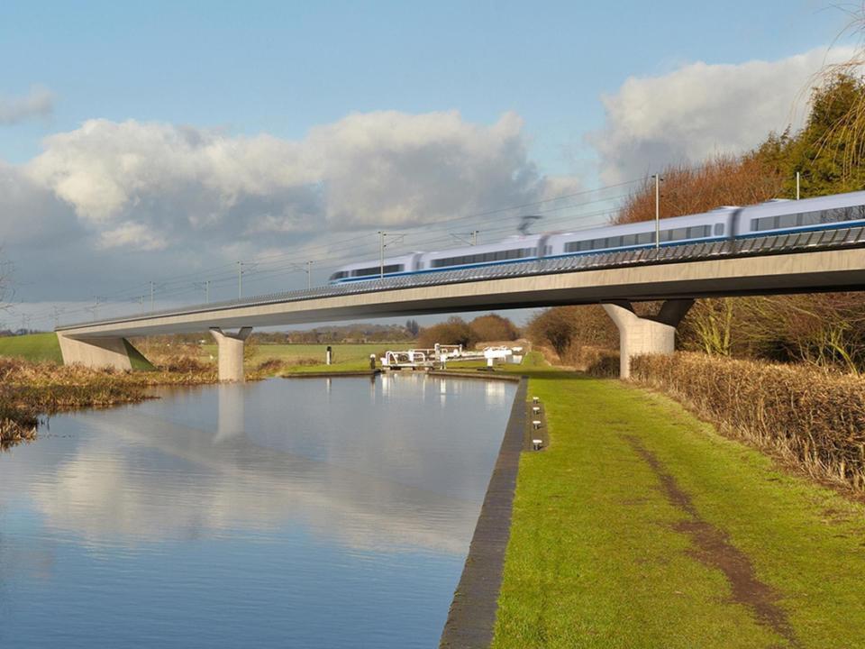 An artist's impression of an HS2 train on the Birmingham and Fazeley viaduct, part of the proposed route for the rail scheme: HS2/PA