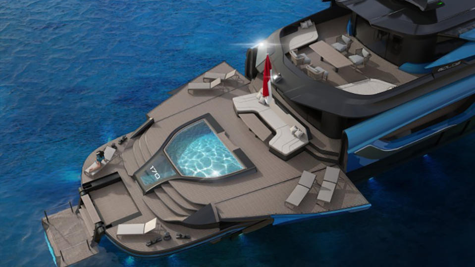 The Bolide 170 features a cascading swimming pool aft