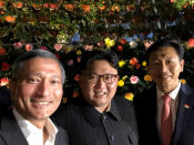 <p>Singapore’s Foreign Minister Vivian Balakrishnan, North Korean leader Kim Jong Un, and Singapore’s Education Minister Ong Ye Kung pose for a photo in Singapore June 11, 2018, in this photo obtained from social media. (Photo: Vivian Balakrishnan’s Twitter page/via Reuters) </p>