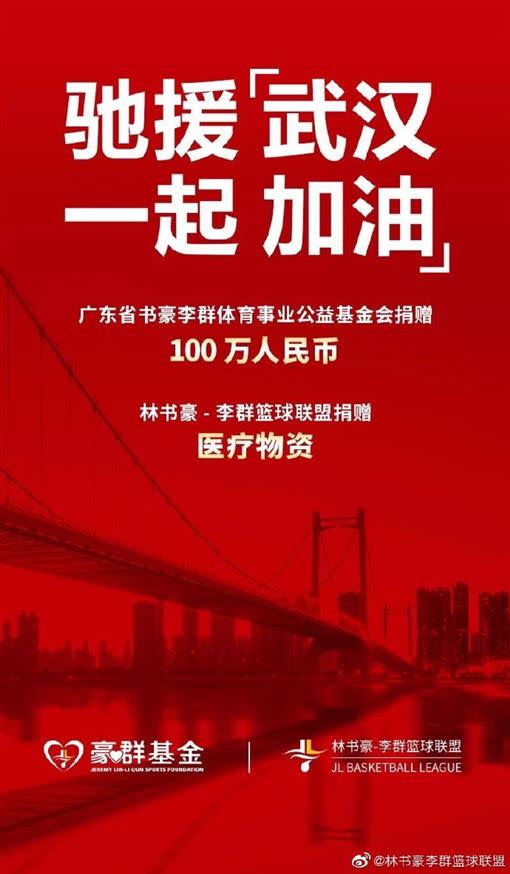 林書豪基金會微博，宣布捐贈人民幣協助防疫。（圖／翻攝自微博）