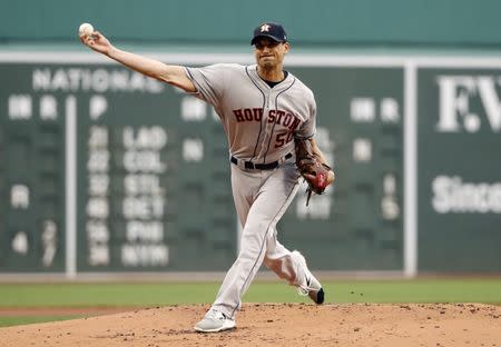 Sep 8, 2018; Boston, MA, USA; Houston Astros starting pitcher Charlie Morton (50) delivers against the Boston Red Sox during the first inning at Fenway Park. Mandatory Credit: Winslow Townson-USA TODAY Sports