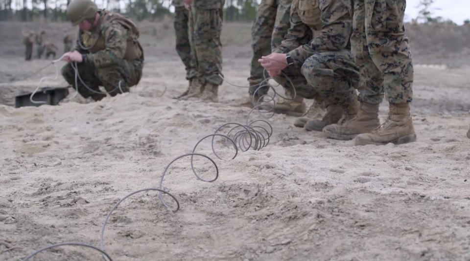 Marines train with plastic explosives at Marine Corps Engineer School at Camp Lejeune in Jacksonville, North Carolina. (U.S. Marine Corps via AP)