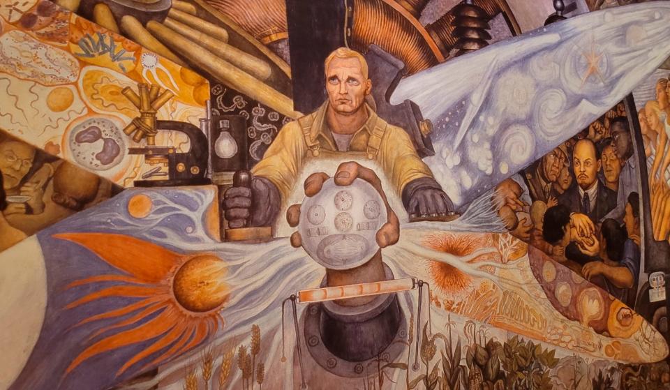 A reproduction of Diego Rivera's 1934 mural "Man at the Crossroads (detail)" dominates one wall at the Philbrook Museum of Art in Tulsa on July 30, 2022. The museum is showing the special exhibit "Frida Kahlo, Diego Rivera, and Mexican Modernism" through Sept. 11.