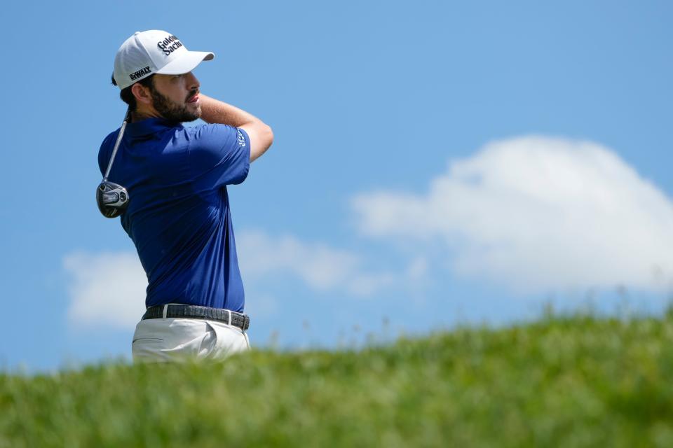 May 30, 2023; Dublin, Ohio, USA;  Patrick Cantlay tees off on the third hole during a practice round for the Memorial Tournament at Muirlfield Village Golf Club. 