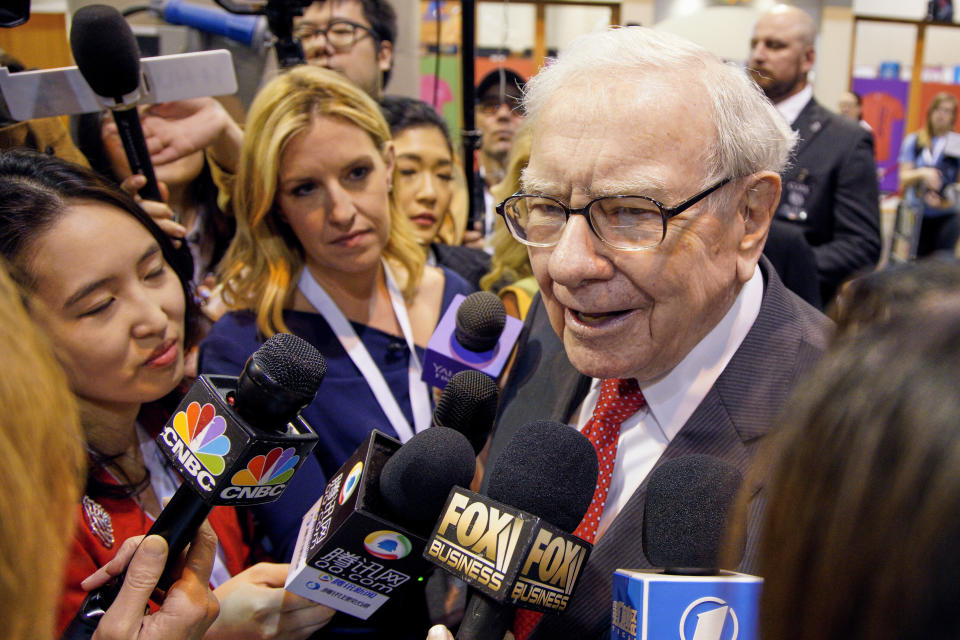 Warren Buffett, Chairman and CEO of Berkshire Hathaway, speaks to reporters before presiding over the annual shareholders meeting in Omaha, Neb., Saturday, May 4, 2019. (AP Photo/Nati Harnik)