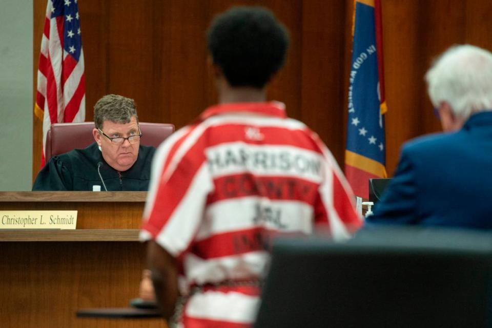 Nyheem Dajon Frazier stands before Judge Christopher Schmidt in Harrison County Circuit Court in Biloxi on Monday, March 18, 2024, to plead guilty to shooting and injuring a classic car enthusiast at Cruisin’ the Coast in 2021.