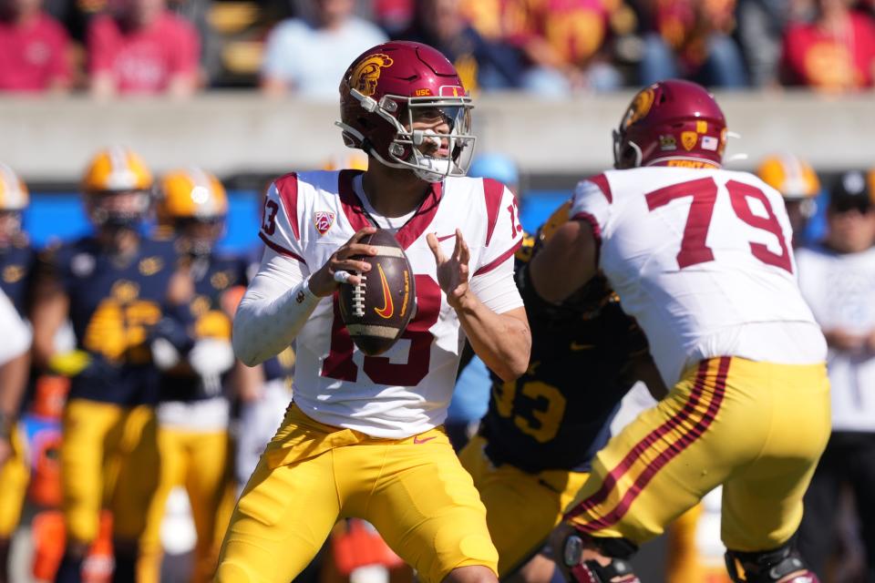 Oct 28, 2023; Berkeley, California, USA; USC Trojans quarterback Caleb Williams (13) drops back to pass against the California Golden Bears during the first quarter at California Memorial Stadium. Mandatory Credit: Darren Yamashita-USA TODAY Sports