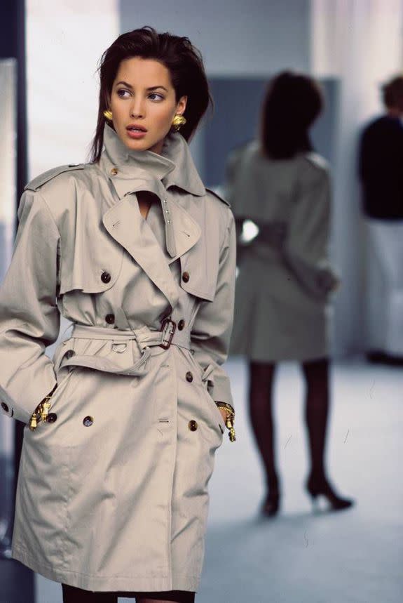 Christy Turlington wearing Gaultier's mini-trench for Vogue in 1987