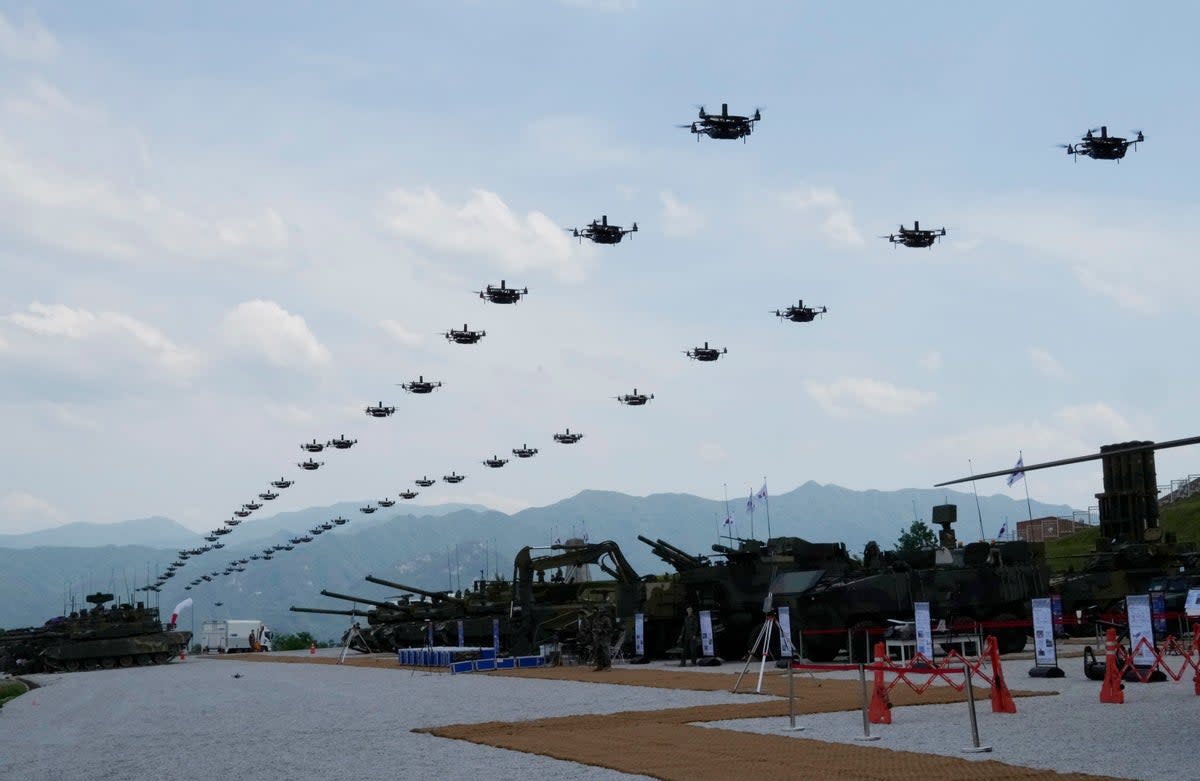 The South Korean army’s drones fly during South Korea-U.S. joint military drills at Seungjin Fire Training Field in Pocheon, South Korea, Thursday, 25 May (AP)
