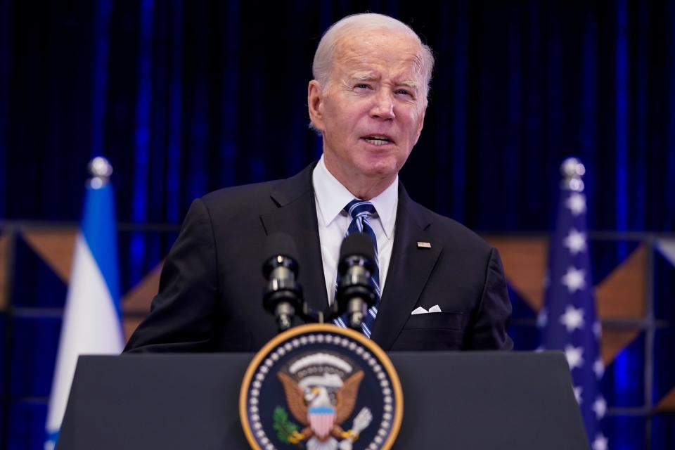 US President Joe Biden holds a press conference during a solidarity visit to Israel, on October 18, 2023, in Tel Aviv, amid the ongoing battles between Israel and the Palestinian group Hamas in the Gaza Strip. Thousands of people, both Israeli and Palestinians have died since October 7, 2023, after Palestinian Hamas militants based in the Gaza Strip, entered southern Israel in a surprise attack leading Israel to declare war on Hamas in Gaza on October 8.