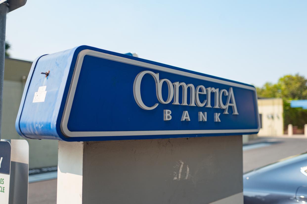 Close-up of sign with logo at entrance to Comerica Bank branch in the San Francisco Bay Area town of Walnut Creek, California, August 6, 2018. (Photo by Smith Collection/Gado/Getty Images)