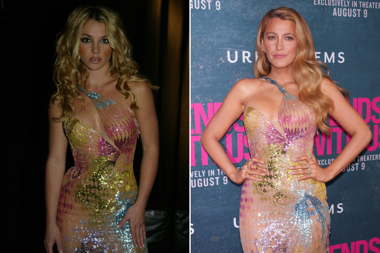 Britney Spears and Blake Lively shown wearing the same colorful gown.