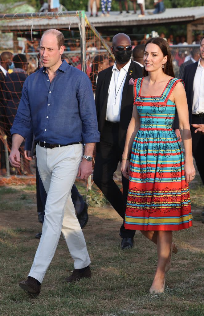 Kate Middleton and Prince arrive at the Trench Town Culture Yard Museum during the Platinum Jubilee Royal Tour of the Caribbean in Jamaica on March 22, 2022. - Credit: Mirrorpix / MEGA