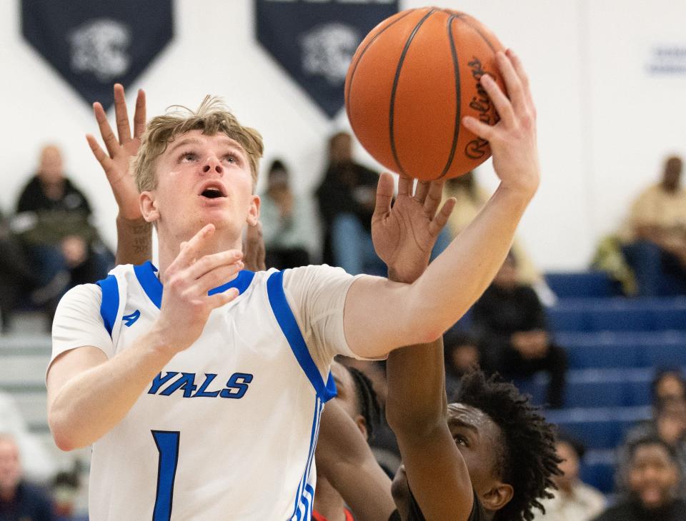 CVCA’s Jackson Shelby drives against Shaw during a Division II district semifinal Thursday, March 2, 2023, at Louisville.