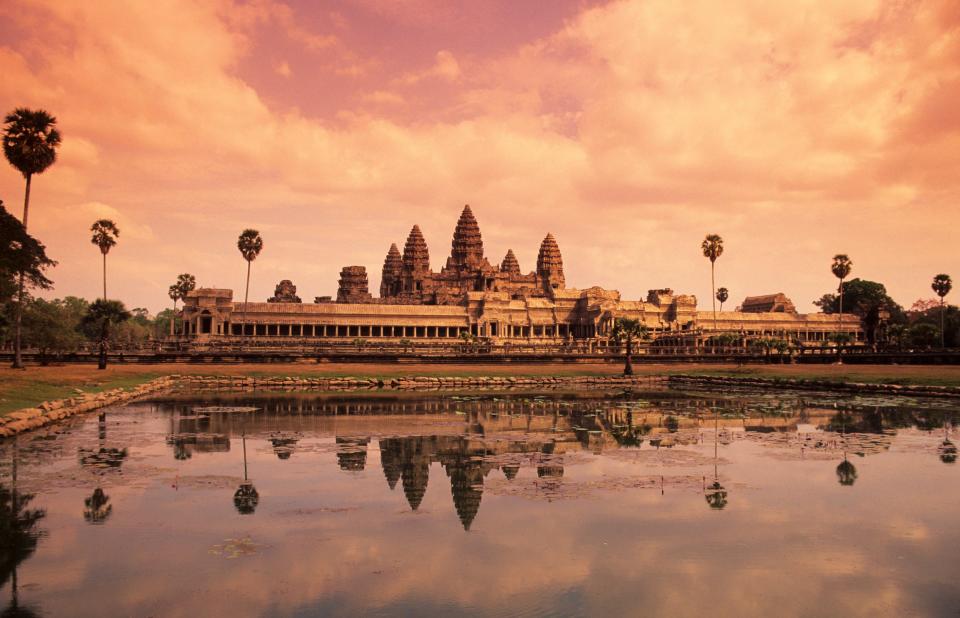 A photo of the ancient capital Angkor Wat at sunset.