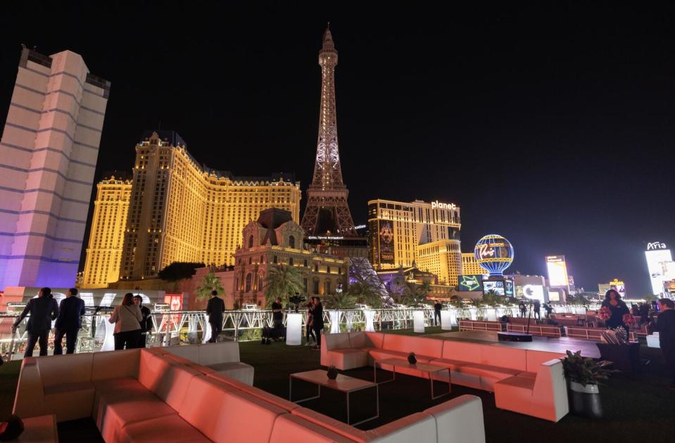 A view of the Las Vegas skyline, including a tower and tall buildings.