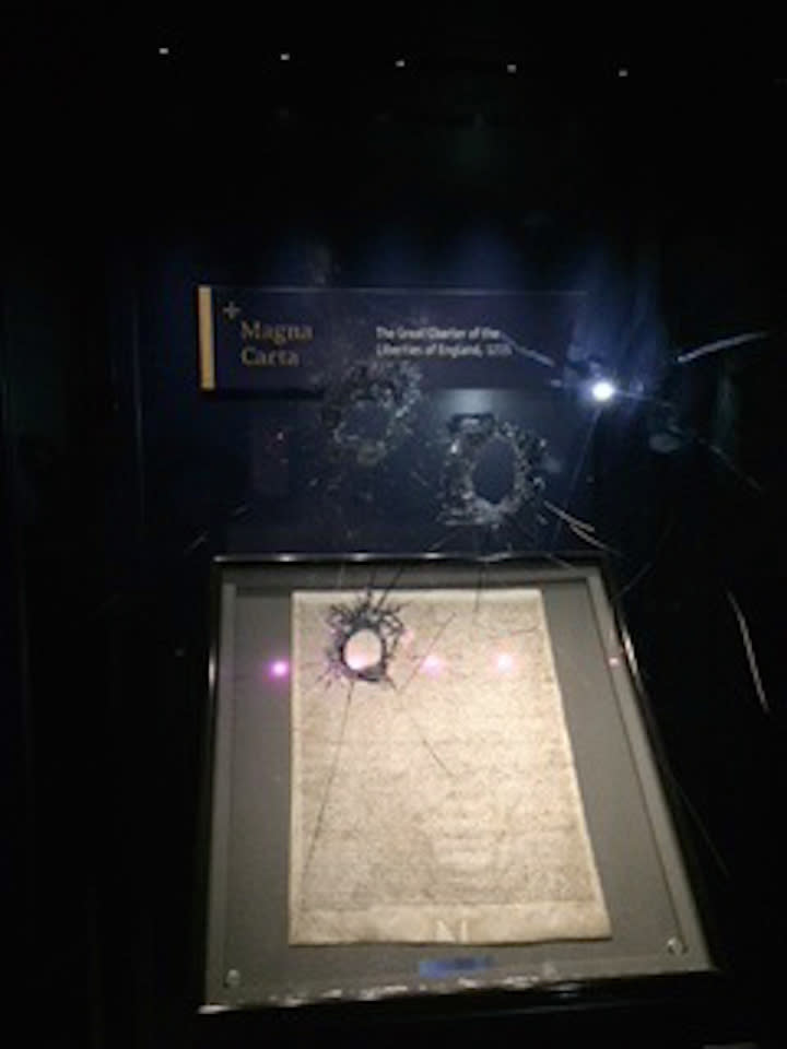 The damage done to the case holding the copy of the Magna Carta at Salisbury Cathedral (Picture: PA)