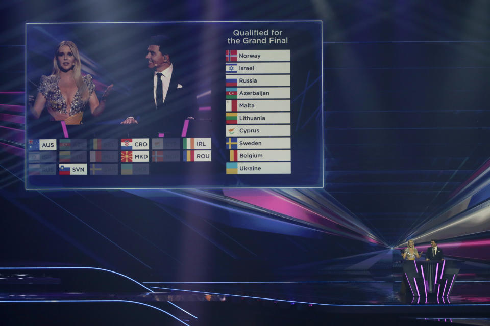 The 10 qualifying countries are announced during the first semifinal of the Eurovision Song Contest at Ahoy arena in Rotterdam, Netherlands, Tuesday, May 18, 2021. (AP Photo/Peter Dejong)