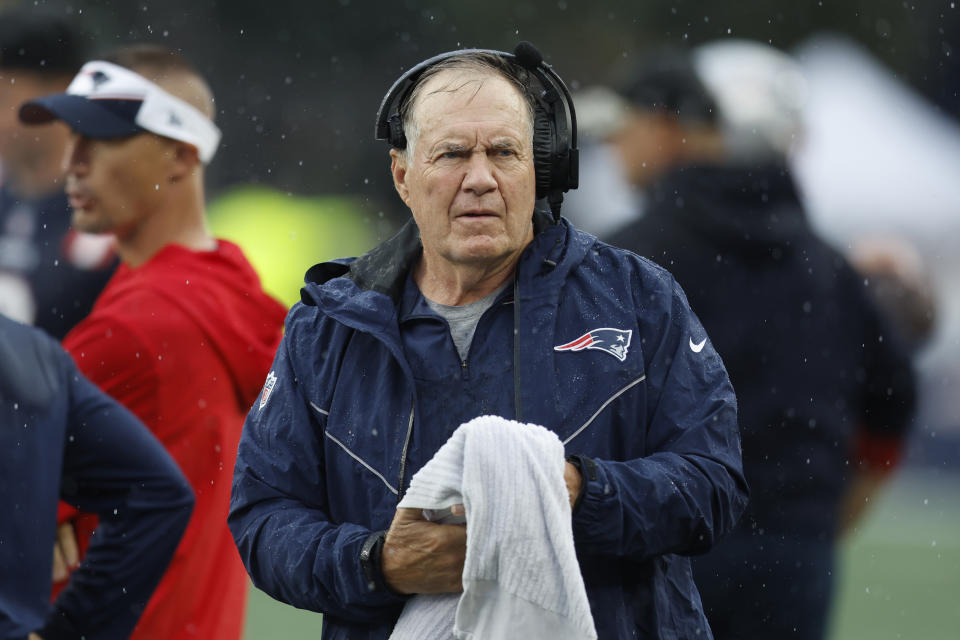 New England Patriots head coach Bill Belichick walks on the sideline before an NFL football game against the Philadelphia Eagles, Sunday, Sept. 10, 2023, in Foxborough, Mass. (AP Photo/Michael Dwyer)