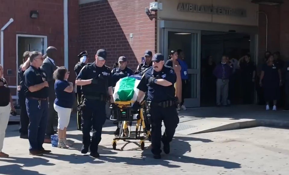 The body of NYPD recruit Edgar Ordonez is escorted by officers during a dignified transfer, following the 33-year-old’s death on Wednesday (NYPD)