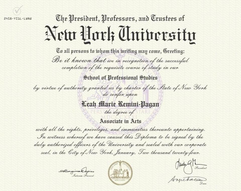 PHOTO: Leah Remini shared a photo of her associate's degree on Instagram on March 28, 2024. (leahremini/Instagram)