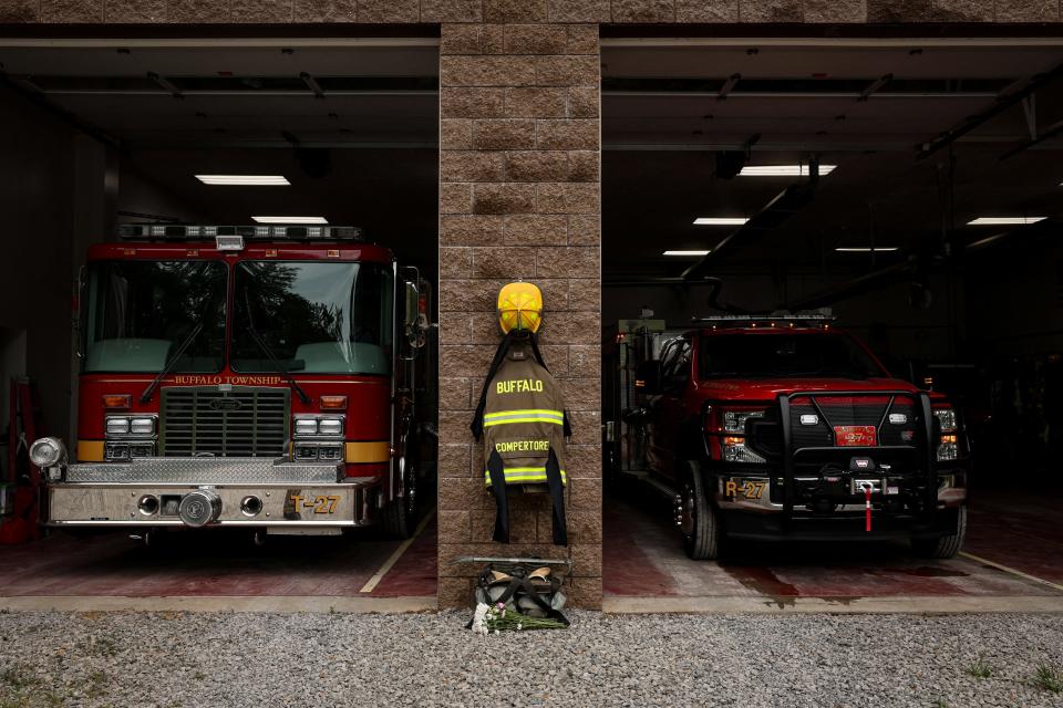 A memorial for volunteer firefighter Corey Comperatore is displayed at the Buffalo Township Fire Company 27.