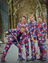 <p>Members of the Norwegian menâs Olympic curling team, Christoffer Svae, far left, Thomas Ulsrud, second from left, Haavard Peterson, second from right, and Torger Nergaard, far right, show off their unique uniforms, Tuesday Jan. 23, 2018, in New York. The team is expected to be a fan favorite for a third straight Olympics thanks to the brightly colored pants that stand out. (AP Photo/Bebeto Matthews) </p>