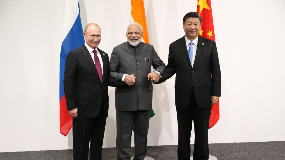 Russian President Vladimir Putin, Indian Prime Minister Narendra Modi and Chinese leader Xi Jinping at the 2019 G20 Summit in Osaka, Japan. - Mikhail Svetlov/Getty Images/File