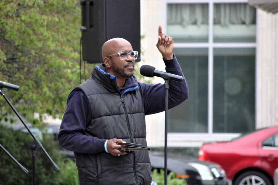 Rev. Rohan Anderson, pastor of The Gathering Place in Marion, speaks to crowd during the National Day of Prayer service on Thursday, May 5, 2022, in downtown Marion, Ohio.