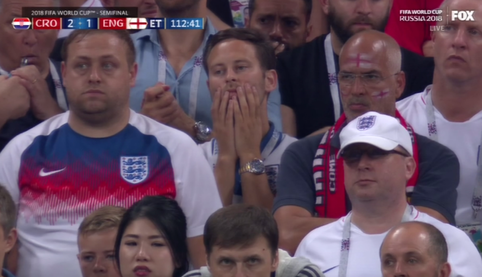 The dejection on England fans’ faces after Croatia took the lead. (Via Fox)