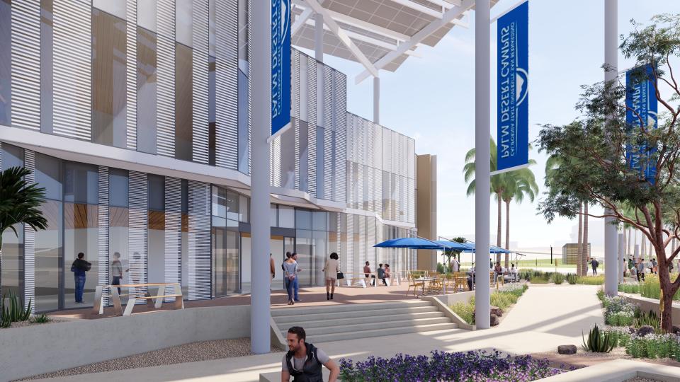 A rendering of the CSUSB Palm Desert student services center set to open in 2026 or 2027. The $79 million building will be the first on campus funded by the State of California.