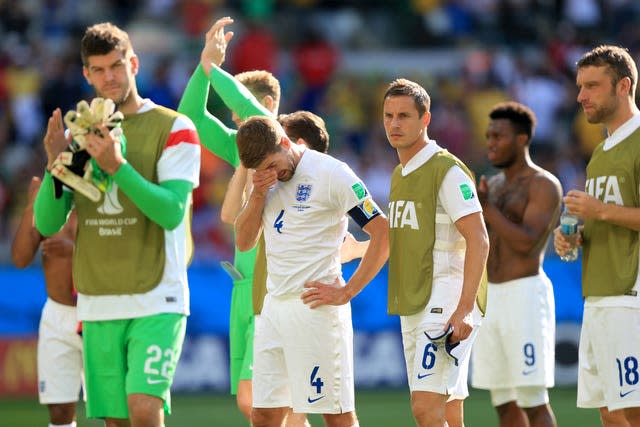 Gerrard, centre, failed to hide his emotions as England crashed out the 2014 World Cup in Brazil after drawing their final group game with Costa Rica 0-0