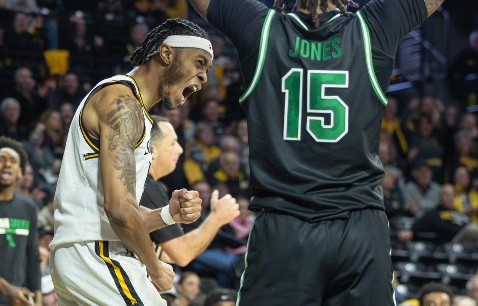 Wichita State’s Colby Rogers celebrates a basket and foul during the first half of their game against North Texas at Koch Arena on Thursday night. 