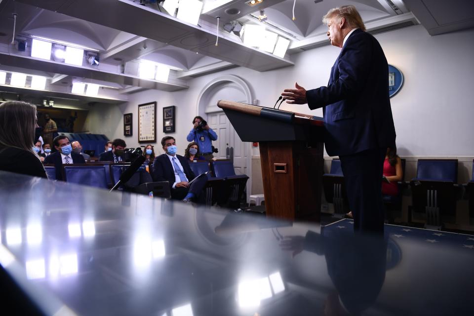 US President Donald Trump speaks to the press in the Brady Briefing Room of the White House in Washington, DC, on August 3, 2020. (Photo by Brendan Smialowski / AFP) (Photo by BRENDAN SMIALOWSKI/AFP via Getty Images)