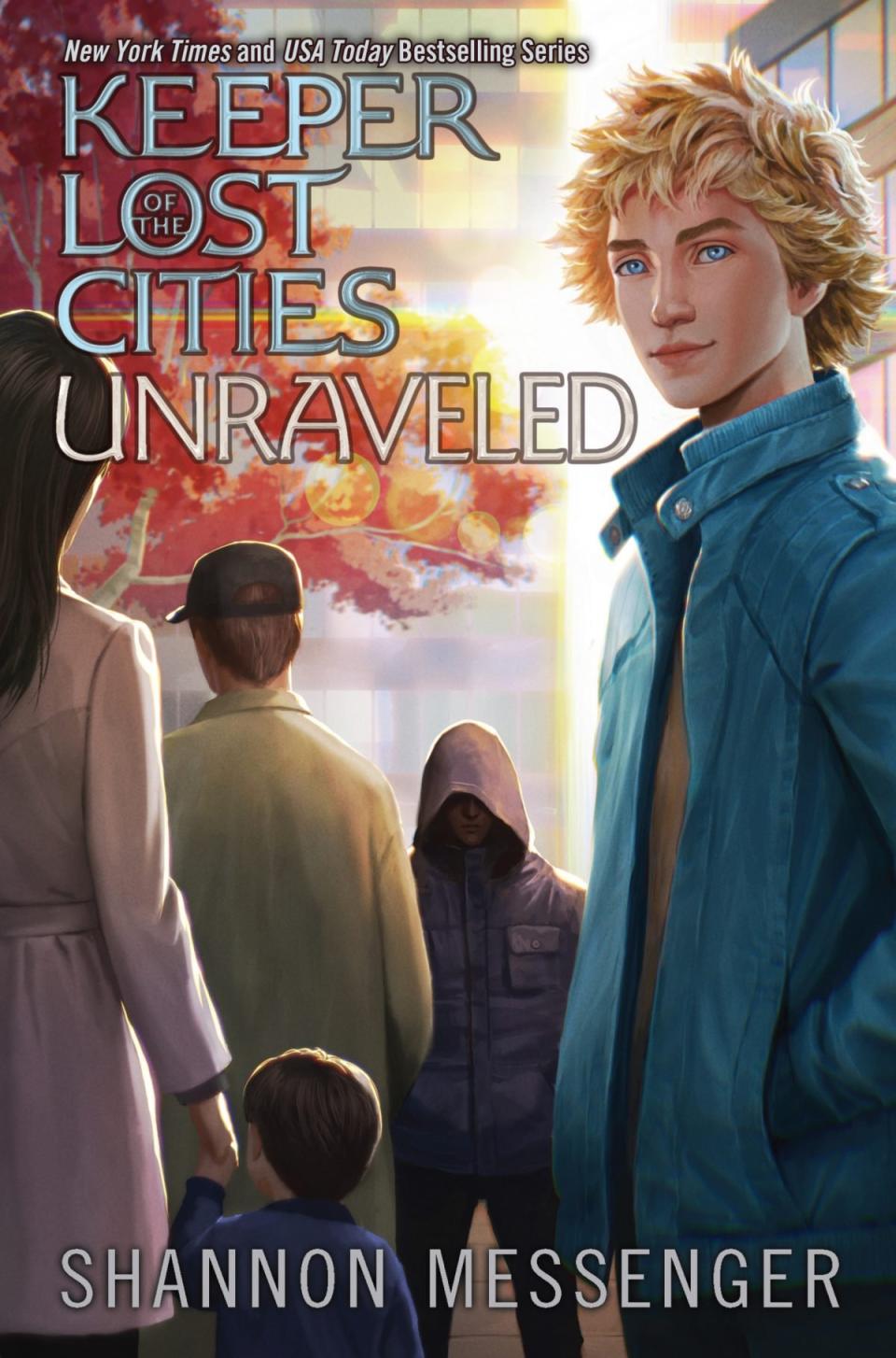 The cover of Keeper of the Lost Cities: Unraveled featuring Keefe with humans in the background