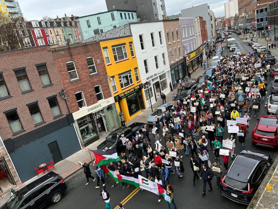 Hundreds of protestors took to the streets of St. John's on Saturday, calling for a ceasefire in the Israel-Hamas war.