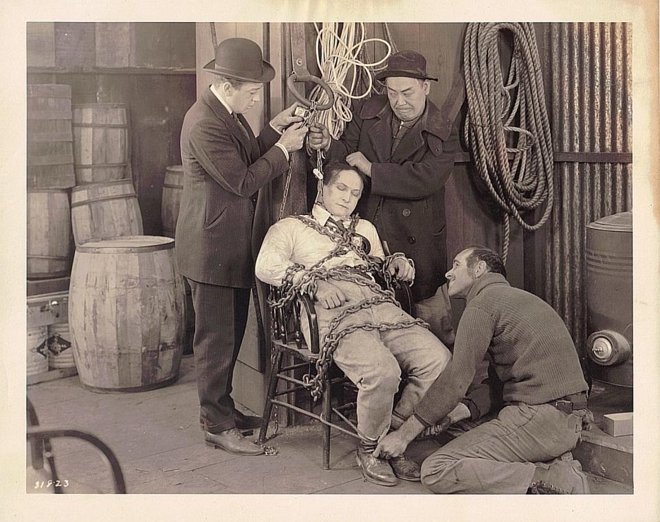Famed illusionist Harry Houdini gets tied up in a scene from 'Haldane of the Secret Service' (1923), a silent adventure film to be shown with live music on Wednesday, Sept. 6 at the historic Leavitt Theatre, 259 Main St., Route 1 in Ogunquit.