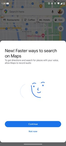 Google Maps new Assistant voice typing splash message.