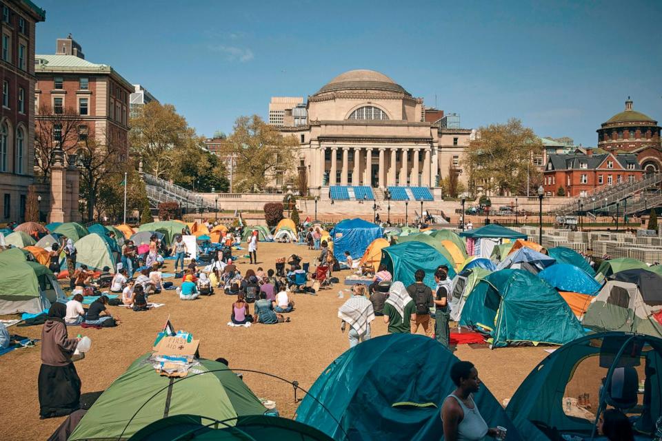PHOTO: People listen to a speaker at a pro-Palestinian encampment, at Columbia University, on April 28, 2024, in New York.  (Andres Kudacki/AP)