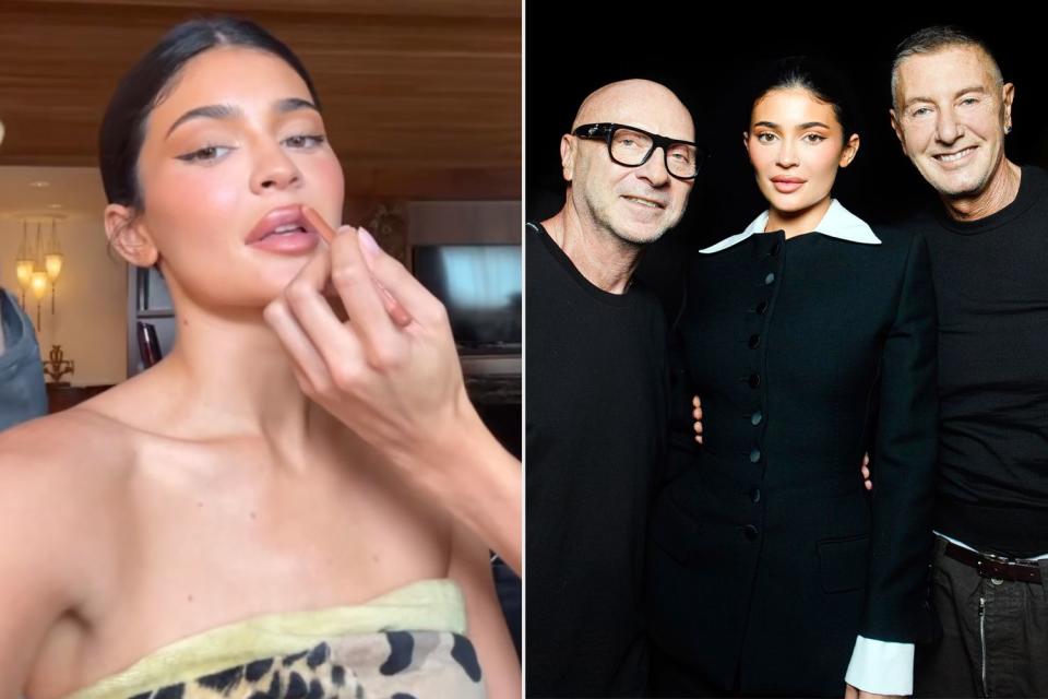 <p>Kylie Jenner/Tiktok; Dolce & Gabbana</p> Kylie Jenner preparing for (L) and at the Dolce & Gabbana show during Milan Fashion Week on Sept. 23, 2023