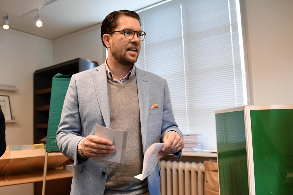 Jimmie Akesson, leader of the right-wing nationalist Sweden Democrats party, prepares to vote in Stockholm, Sweden, Sunday Sept. 9, 2018. Polls have opened in Sweden's general election in what is expected to be one of the most unpredictable and thrilling political races in Scandinavian country for decades amid heated discussion around top issue immigration. (Stina Stjernkvist/TT via AP)