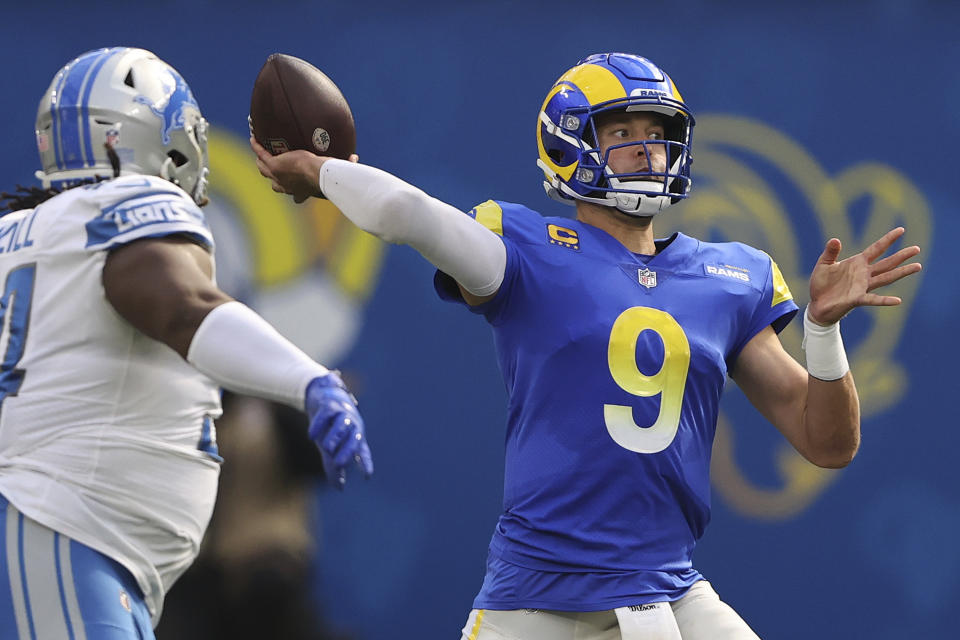 INGLEWOOD, CALIFORNIA - OCTOBER 24: Matthew Stafford #9 of the Los Angeles Rams throws the ball during the second half in the game against the Detroit Lions at SoFi Stadium on October 24, 2021 in Inglewood, California. (Photo by Sean M. Haffey/Getty Images)