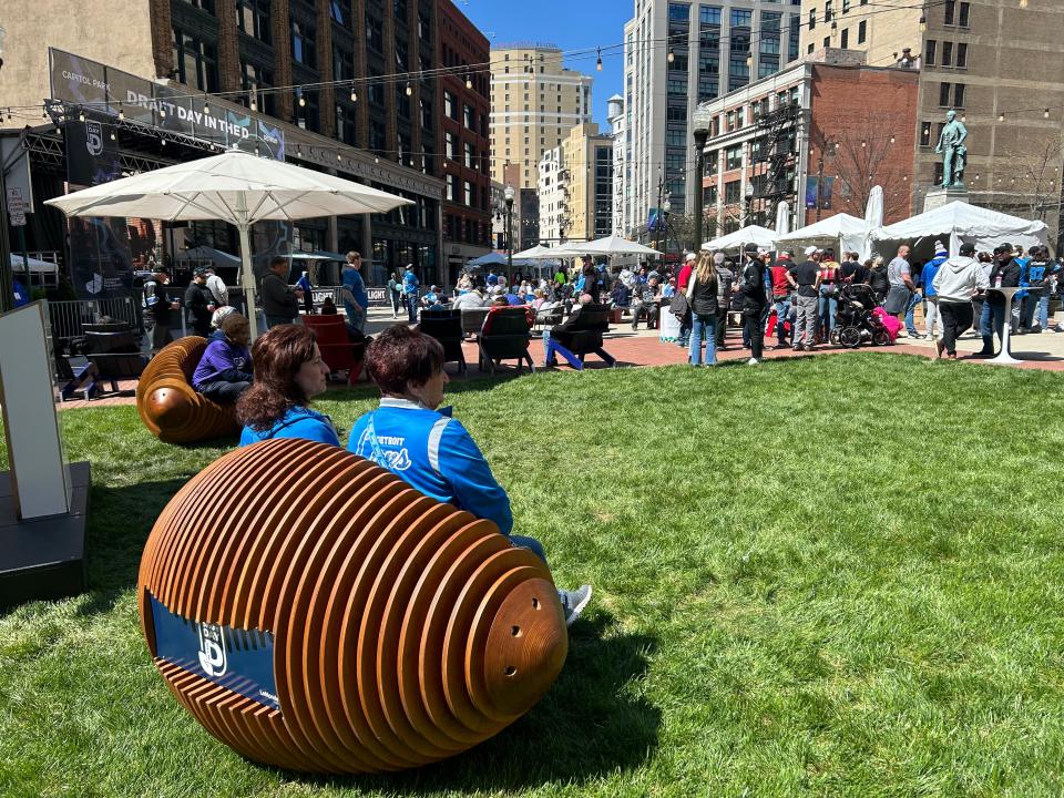 Capitol Park in downtown Detroit was outfitted with football-shaped chairs as the NFL draft got underway Thursday in downtown Detroit.