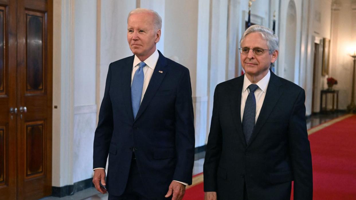 PHOTO: President Biden and Attorney General Merrick Garland arrive for a ceremony to honor the 2021-2022 Medal of Valor recipients in the East Room of the White House in Washington, DC, on May 17, 2023. (Saul Loeb/AFP via Getty Images, FILE)