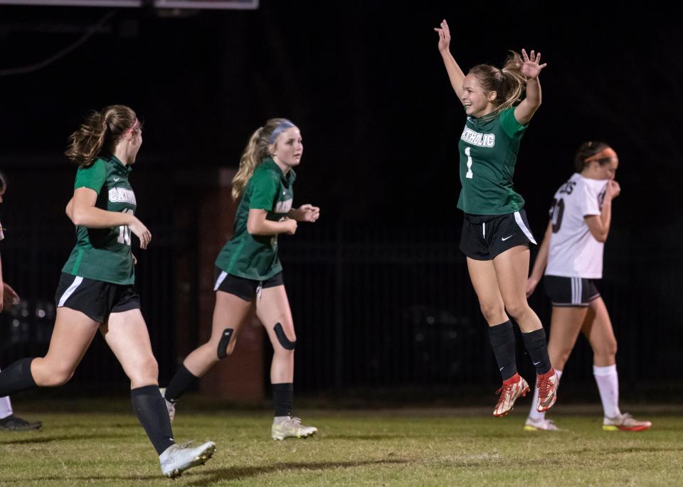 Yana Penzone (1) celebrates scoring a goal as the Crusaders take a 2-0 lead during the Pensacola vs Catholic girls soccer game at Pensacola Catholic High School on Tuesday, Dec. 7, 2021.